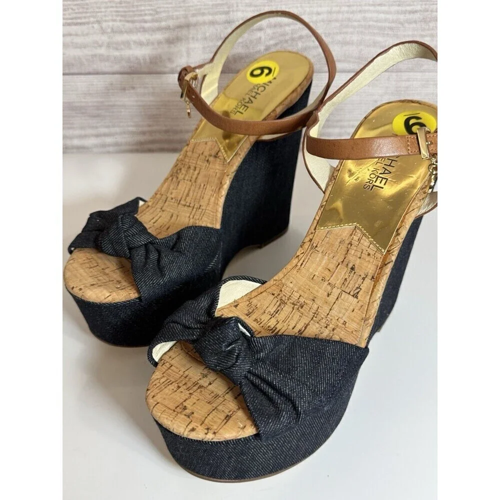 Michael Kors Denim Cork Wedge Sandals Size 9  Ankle Strap Espadrille Heels